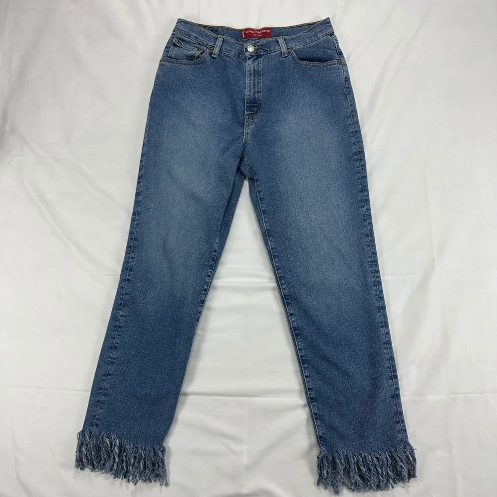 Levis 512 Slim Stretch Blue Jeans Fringe Hem High Rise Women's Size 12‎